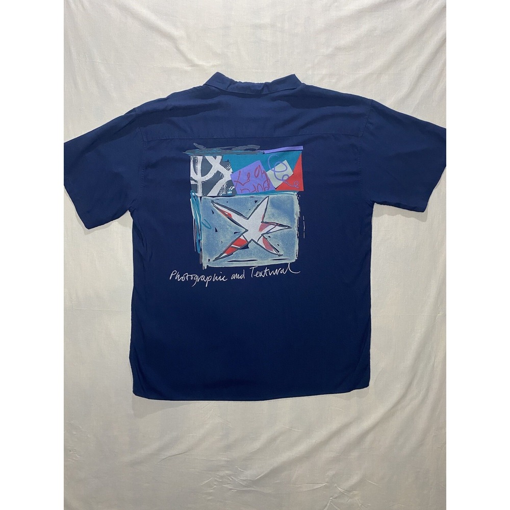 Abstract Eclectic Grandpa Button Up Shirt Men's Size Large Navy Aggio Artwork